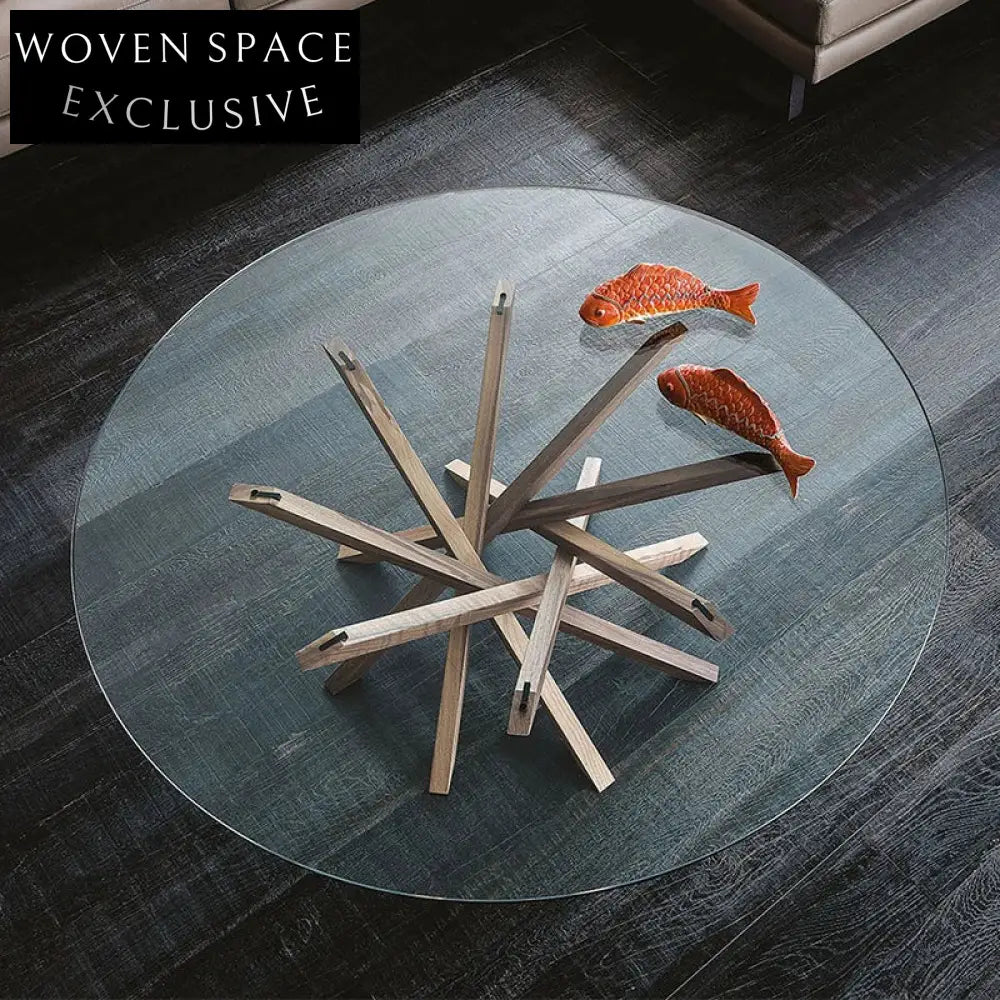 Modern Nordic Solid Wood Base Tempered Glass Top Living Room Coffee Table