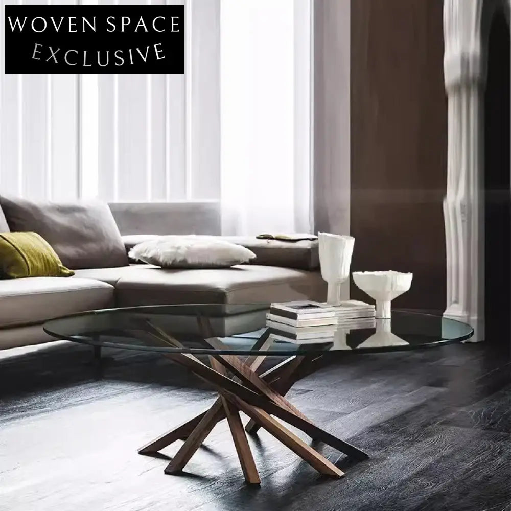 Modern Nordic Solid Wood Base Tempered Glass Top Living Room Coffee Table