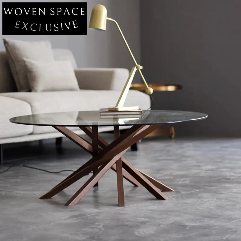 Modern Nordic Solid Wood Base Tempered Glass Top Living Room Coffee Table