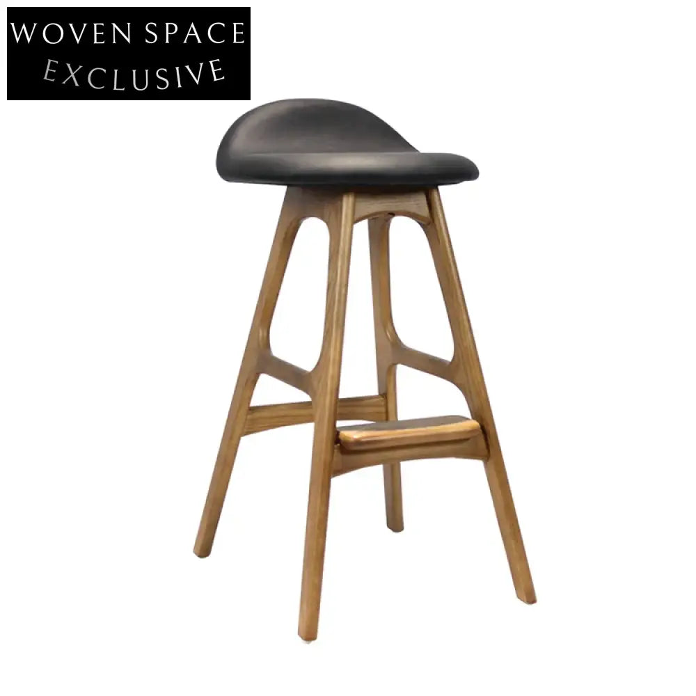 Modern Nordic Style Leather Soft Seat Wooden Legs High Bar Stool