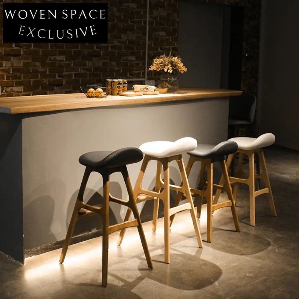 Modern Nordic Style Leather Soft Seat Wooden Legs High Bar Stool