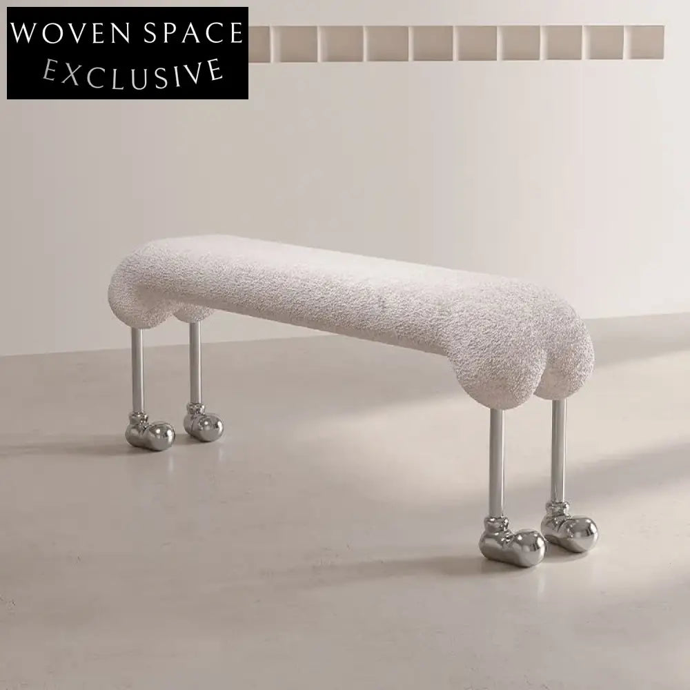 Modern Nordic Teddy Boucle Fabric Long Bench Ottoman with Metal Legs