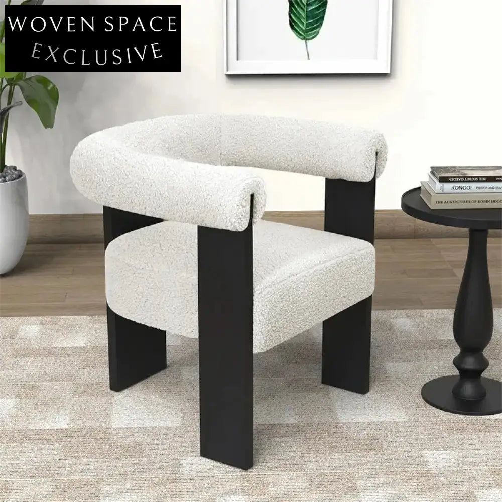 Modern Nordic Teddy Fabric Curved Back Wood Armrest Cozy Dining Chair