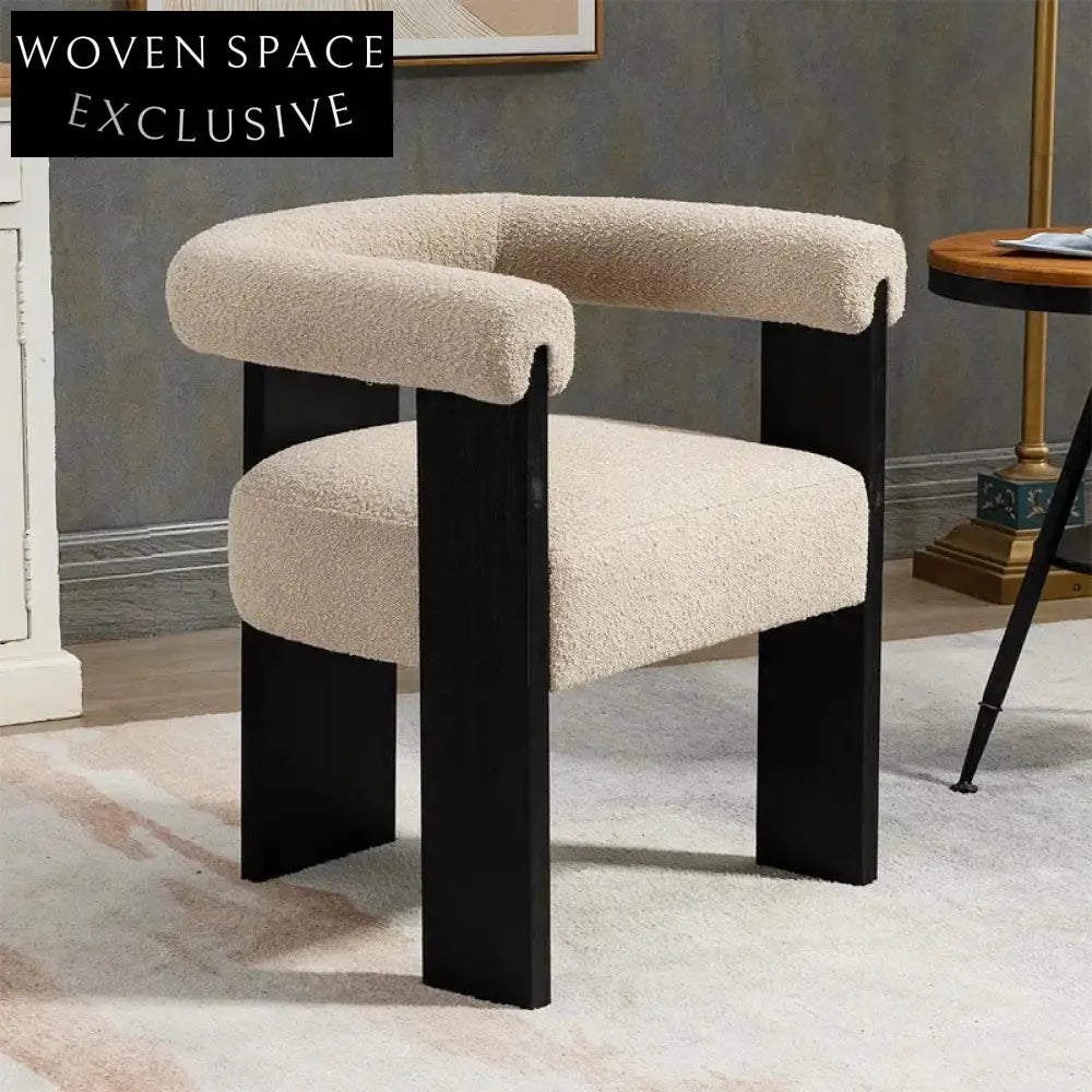 Modern Nordic Teddy Fabric Curved Back Wood Armrest Cozy Dining Chair