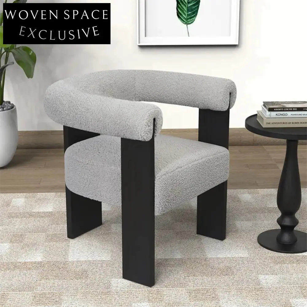 Modern Nordic Teddy Fabric Curved Back Wood Armrest Cozy Dining Chair