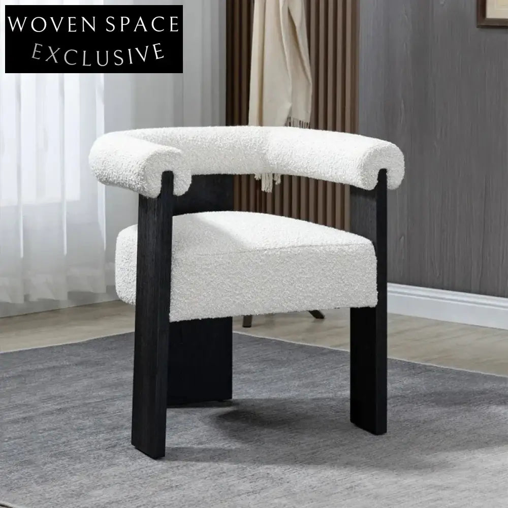 Modern Nordic Teddy Fabric Curved Back Wood Armrest Cozy Dining Chair