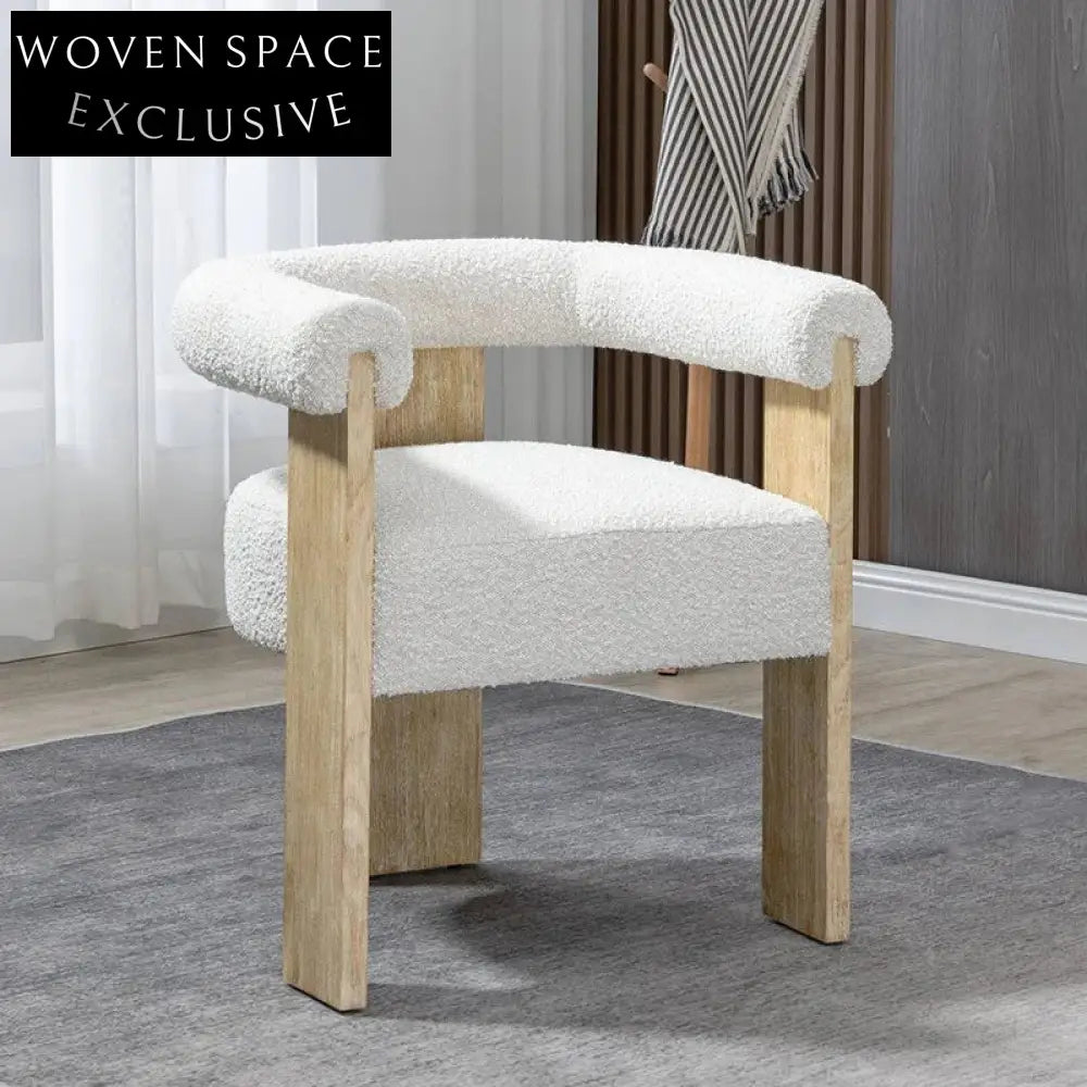 Modern Nordic Teddy Fabric Curved Back Wood Armrest Cozy Dining Chair