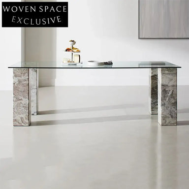 Modern Nordic Tempered Glass Dining Table with Solid Marble Legs for Home