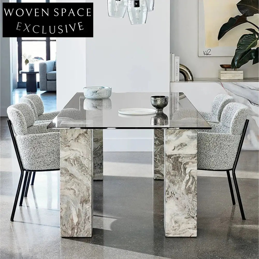 Modern Nordic Tempered Glass Dining Table with Solid Marble Legs for Home