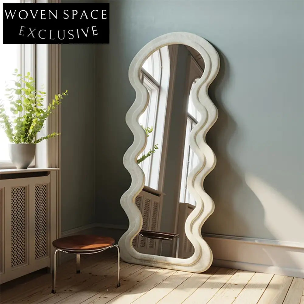 Modern Nordic White Wave Full Length Floor Mirror with Fabric Edge