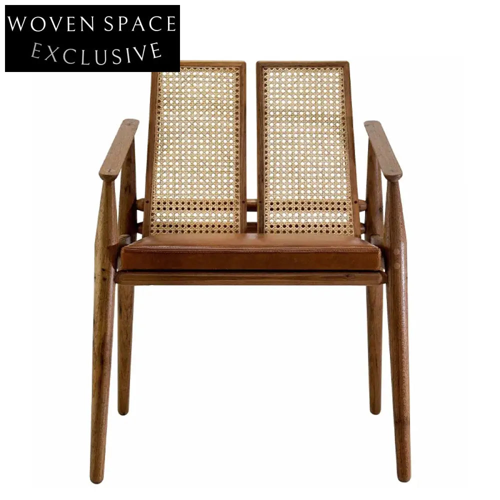 Modern Nordic Wood Rattan Leather Dining Chair for Home and Restaurant