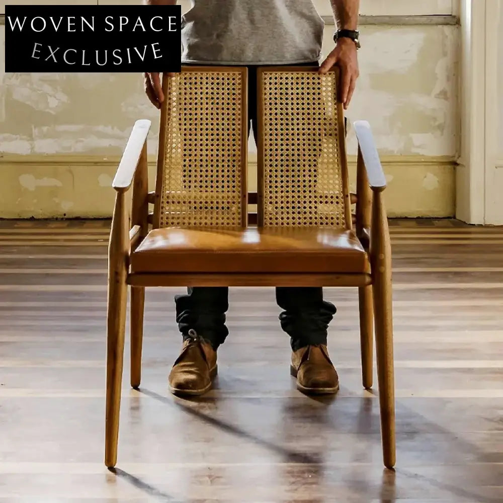 Modern Nordic Wood Rattan Leather Dining Chair for Home and Restaurant