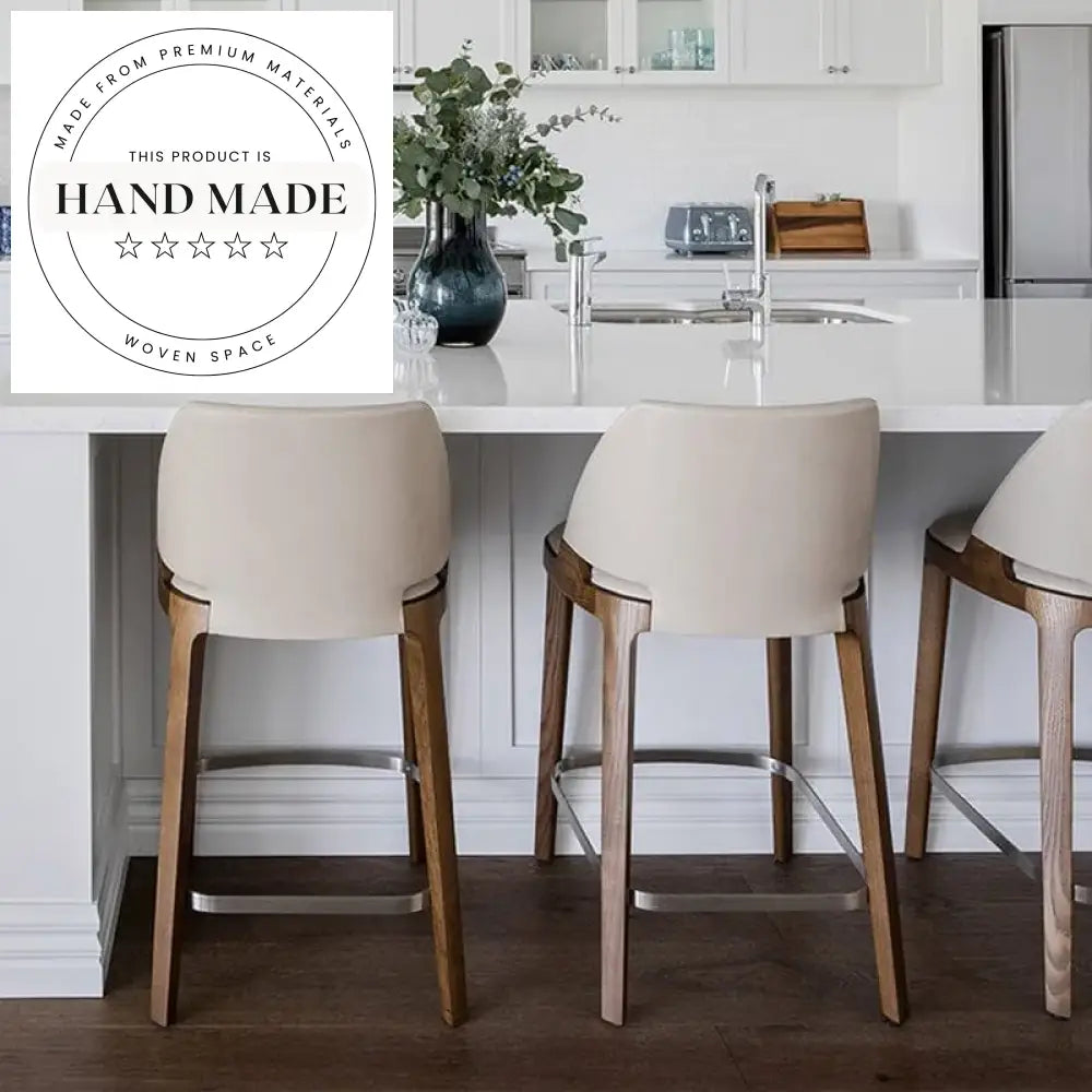 Modern Nordic Wooden Bar Stool, Orange Leather Counter Height Chair