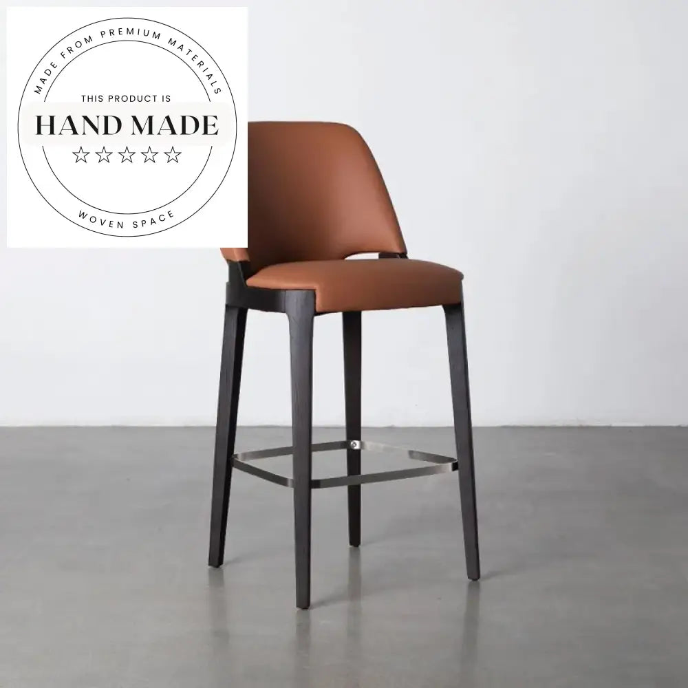 Modern Nordic Wooden Bar Stool, Orange Leather Counter Height Chair