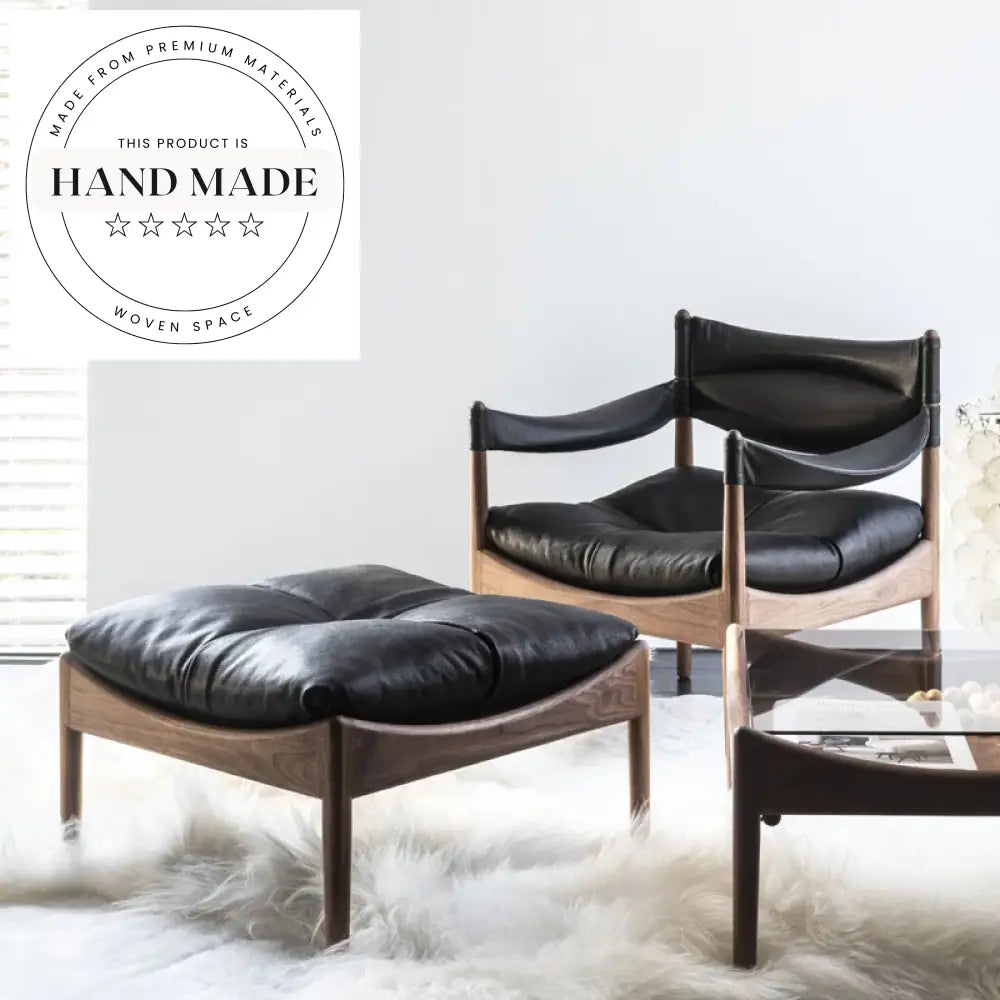Modern Nordic Wooden Frame Living Room Accent Chair, Vintage Leather