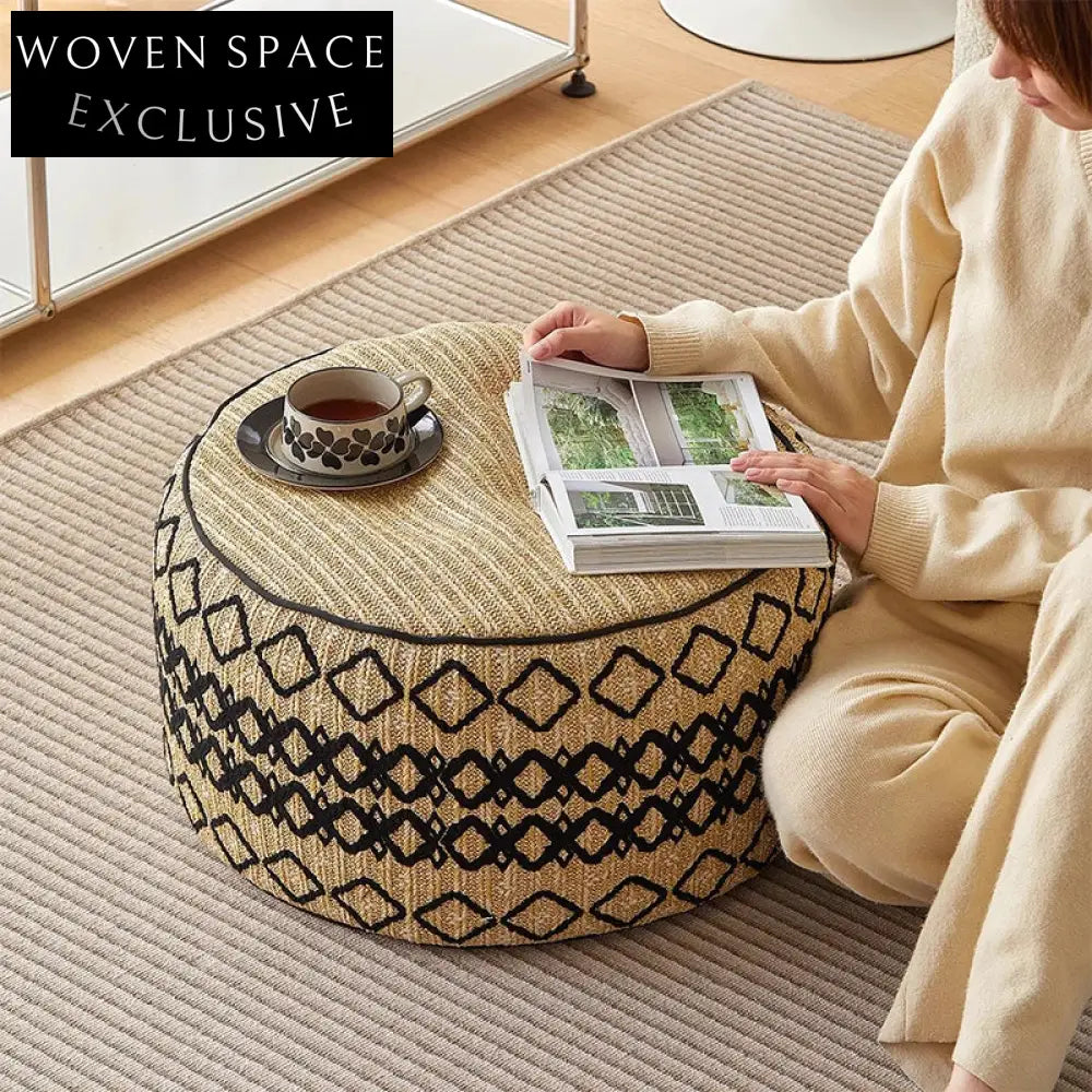 Modern Nordic Woven Rope Pouf Ottoman – Versatile Round Footstool Small Bench