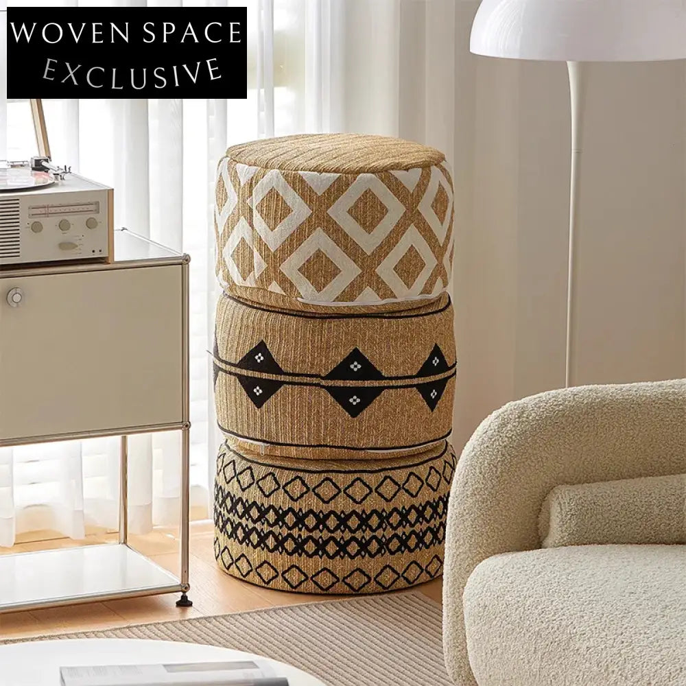 Modern Nordic Woven Rope Pouf Ottoman – Versatile Round Footstool Small Bench
