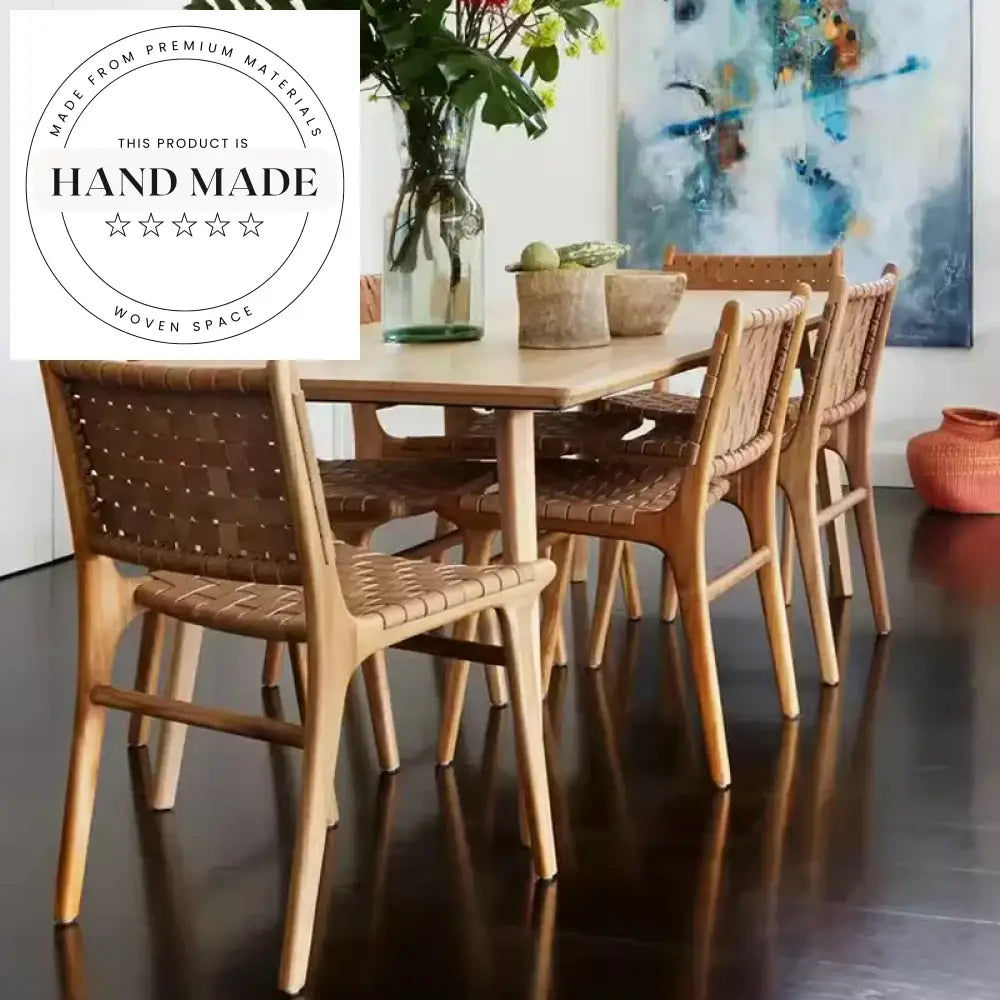 Modern Nordic Woven Saddle Leather Corsican Solid Wood Dining Chair