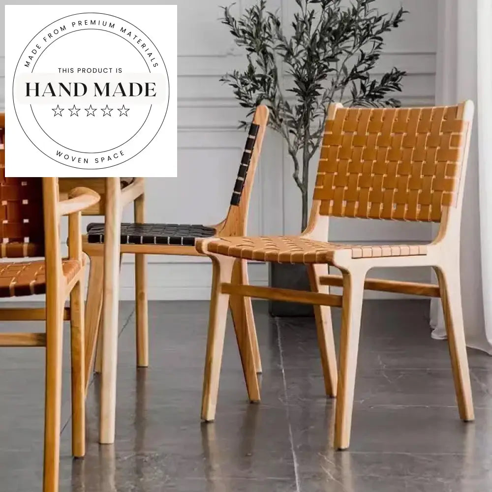 Modern Nordic Woven Saddle Leather Corsican Solid Wood Dining Chair