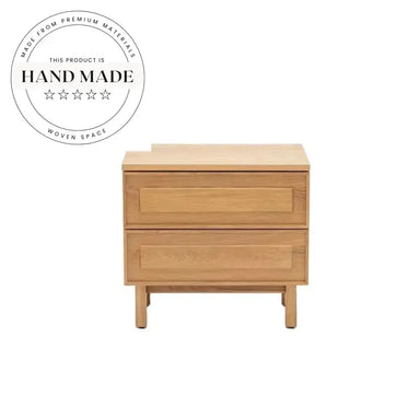Modern Oak Wood Bedside Table with Travertine Marble Nightstand