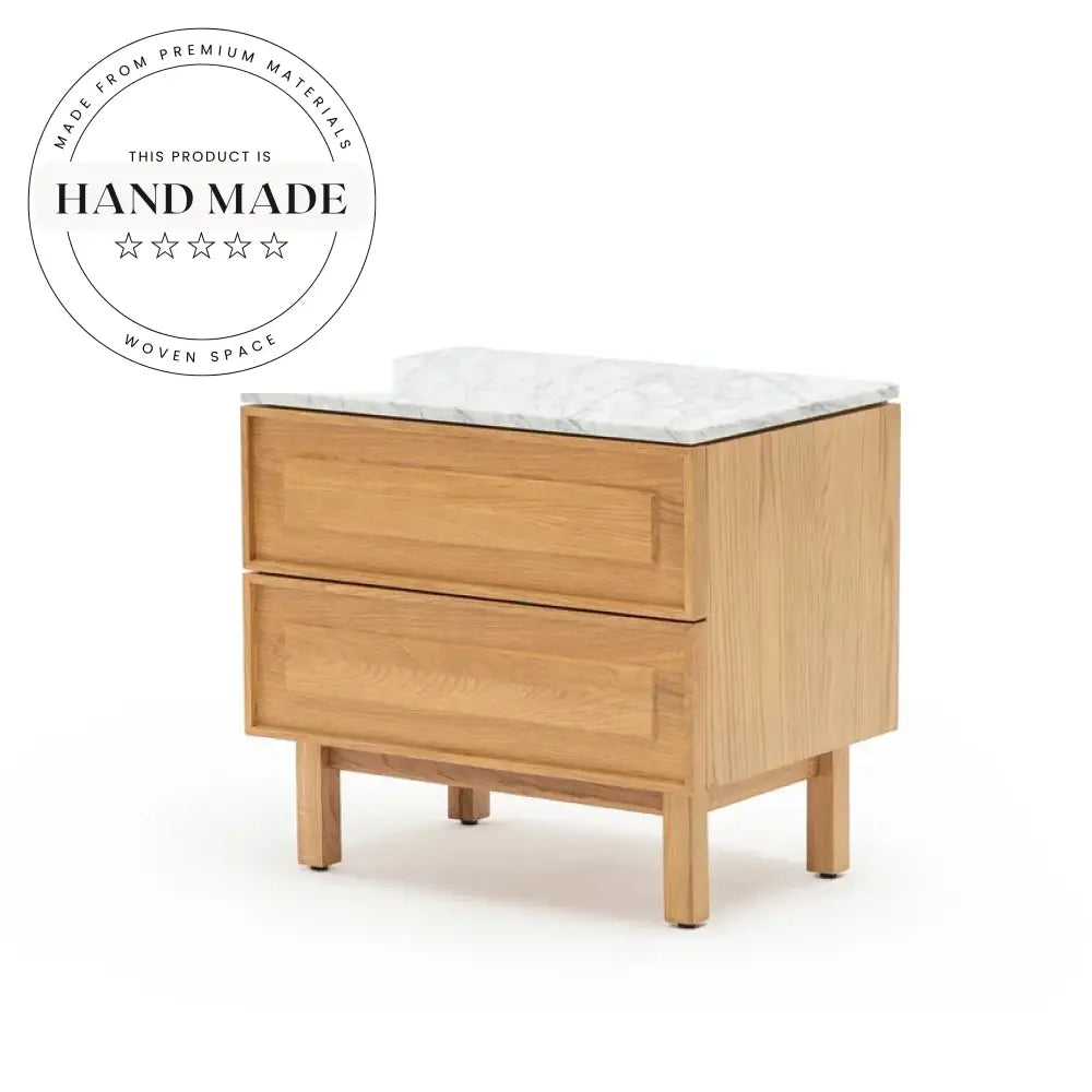 Modern Oak Wood Bedside Table with Travertine Marble Nightstand