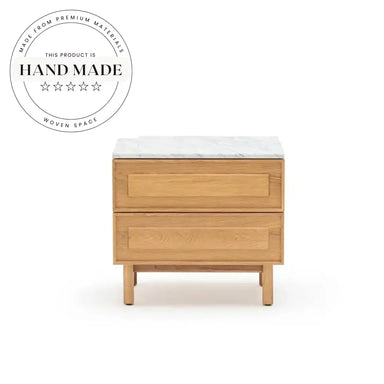 Modern Oak Wood Bedside Table with Travertine Marble Nightstand
