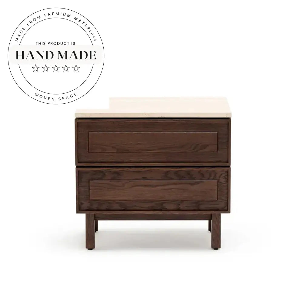 Modern Oak Wood Bedside Table with Travertine Marble Nightstand