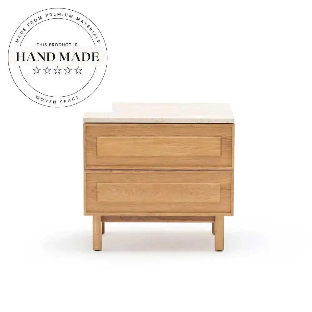 Modern Oak Wood Bedside Table with Travertine Marble Nightstand