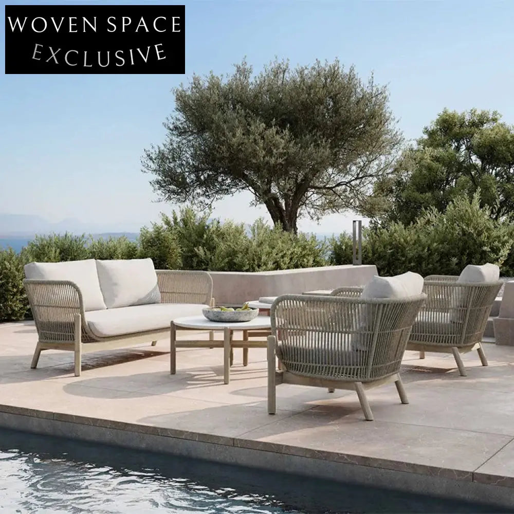 Modern Outdoor Aluminum Rope Lounge Chair with Teak Wood Armrests & Cushions