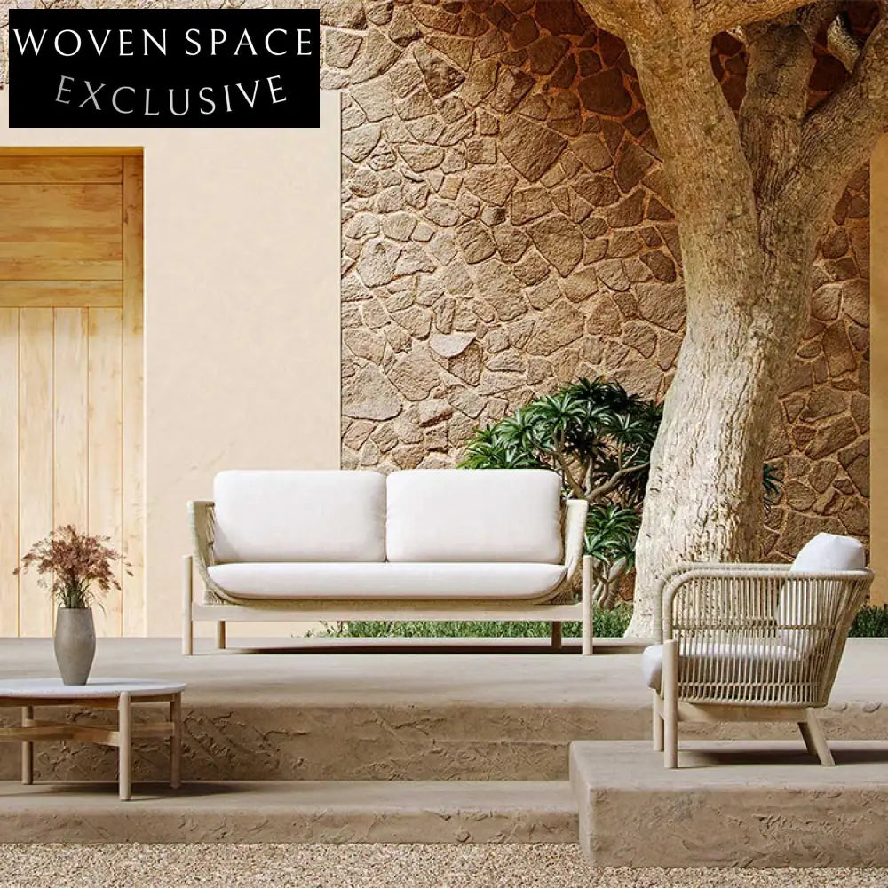 Modern Outdoor Aluminum Rope Lounge Chair with Teak Wood Armrests & Cushions