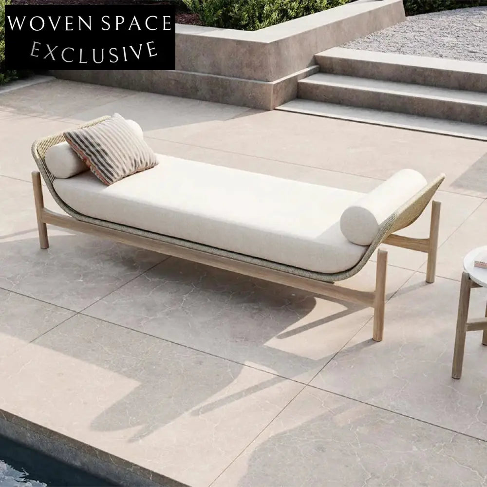 Modern Outdoor Aluminum Rope Lounge Chair with Teak Wood Armrests & Cushions