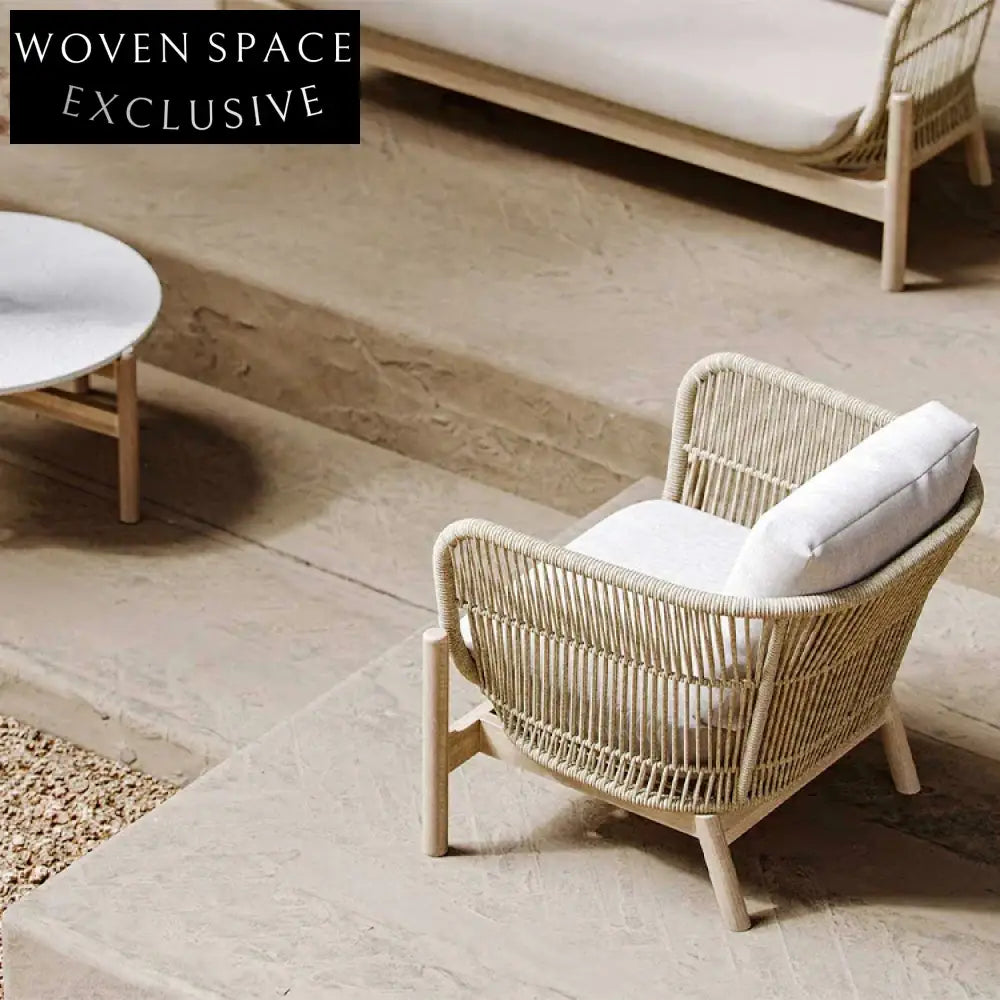 Modern Outdoor Aluminum Rope Lounge Chair with Teak Wood Armrests & Cushions