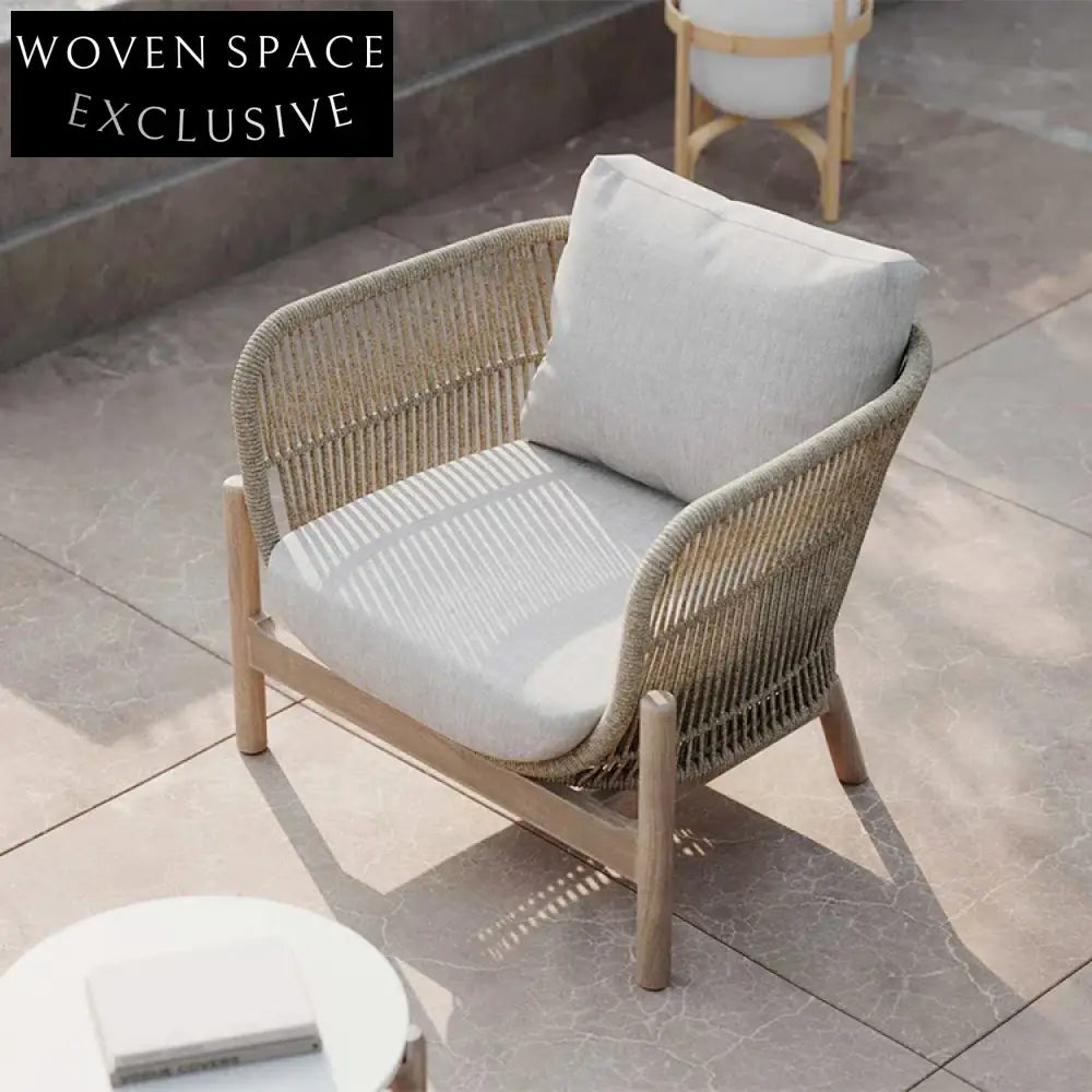 Modern Outdoor Aluminum Rope Lounge Chair with Teak Wood Armrests & Cushions