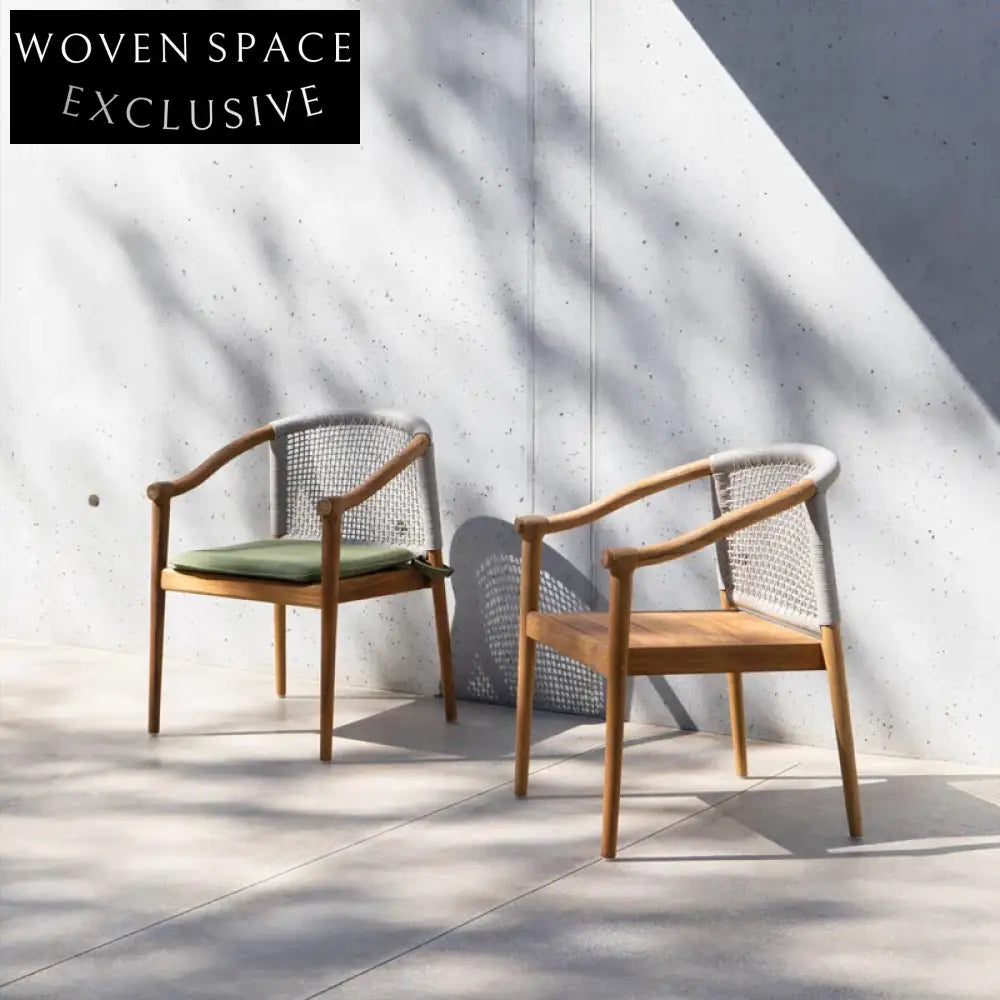 Modern Outdoor Patio Dining Chair, Waterproof Teak Wood Rope Lounge Seating