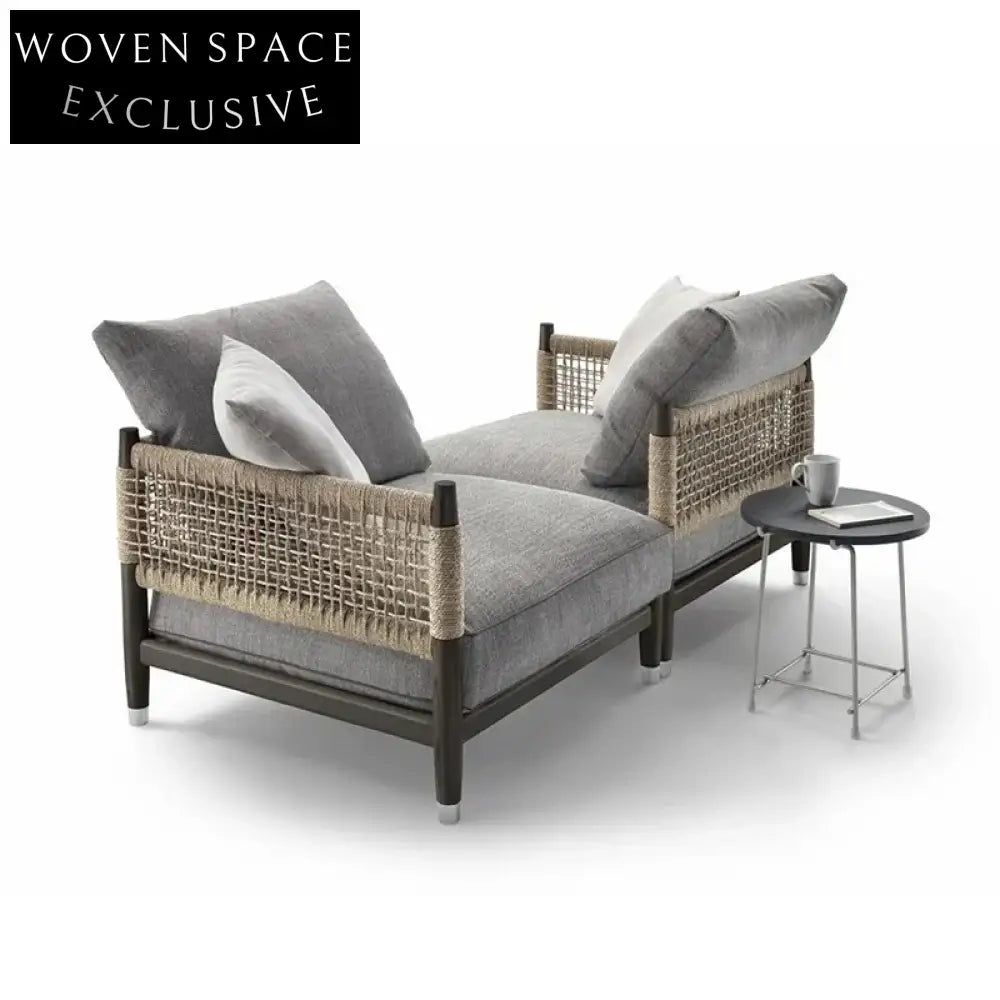 Modern Outdoor Rope Teak Wood Lounge Sofa Set for Garden Patio Beach