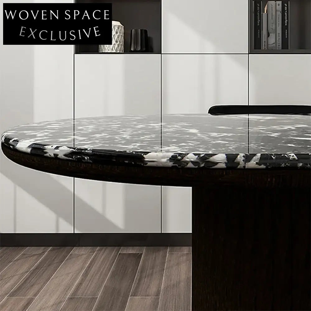 Modern Oval Black Marble Dining Table Wood Base for 6-8 People