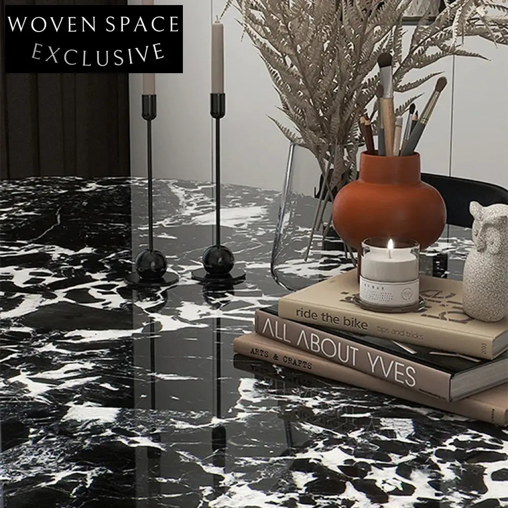 Modern Oval Black Marble Dining Table Wood Base for 6-8 People