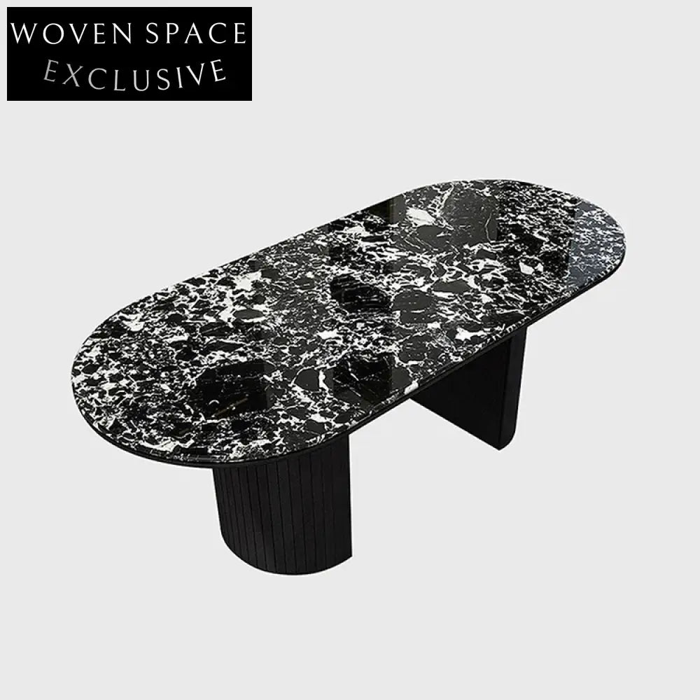 Modern Oval Black Marble Dining Table Wood Base for 6-8 People