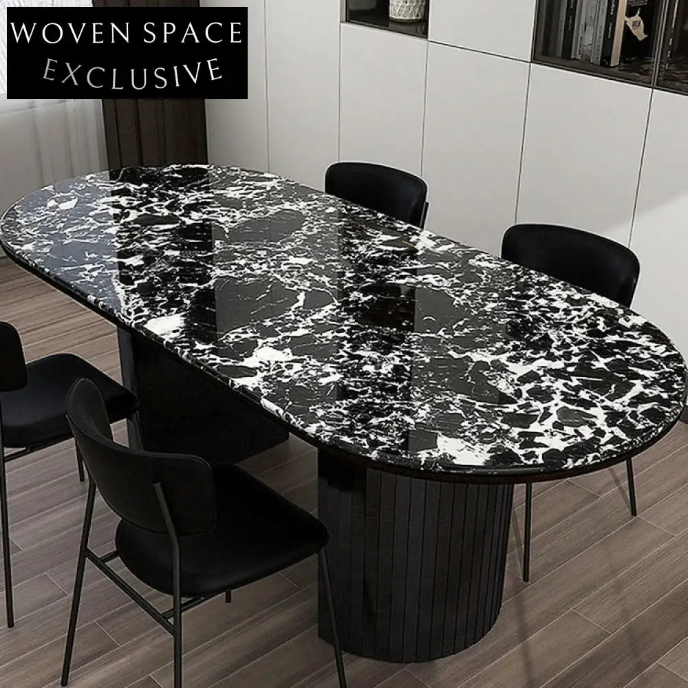 Modern Oval Black Marble Dining Table Wood Base for 6-8 People