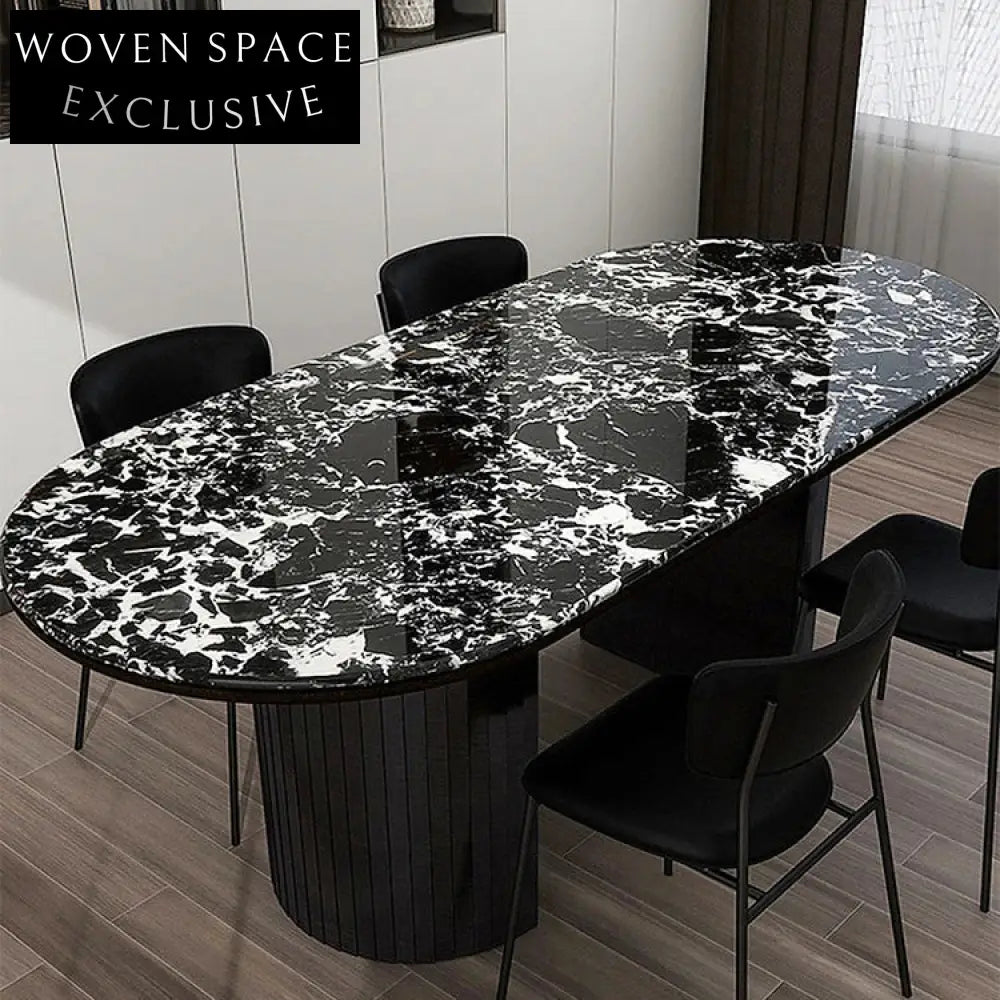 Modern Oval Black Marble Dining Table Wood Base for 6-8 People