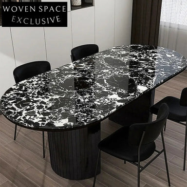 Modern Oval Black Marble Dining Table Wood Base for 6-8 People