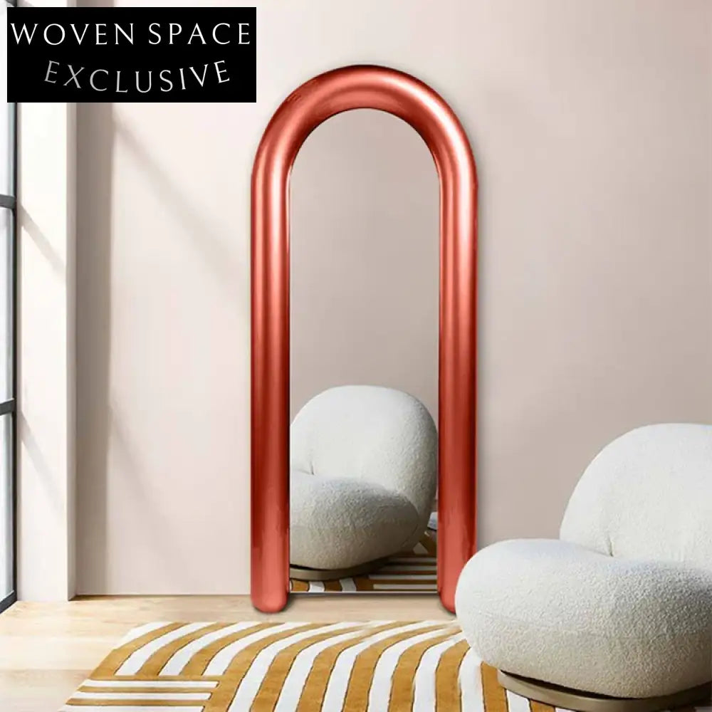 Modern Oval Full Length Floor Mirror with Red Metal Edge Frame