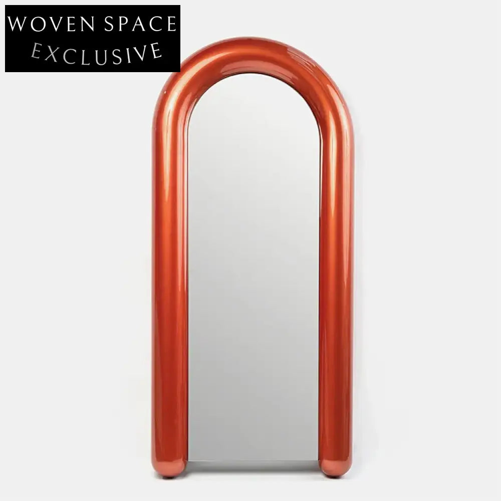 Modern Oval Full Length Floor Mirror with Red Metal Edge Frame