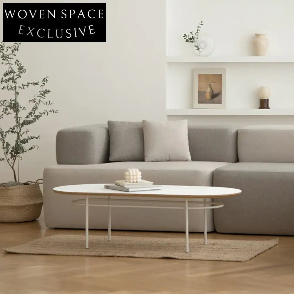 Modern Oval MDF Coffee Table with Wooden Top and Sturdy Metal Base