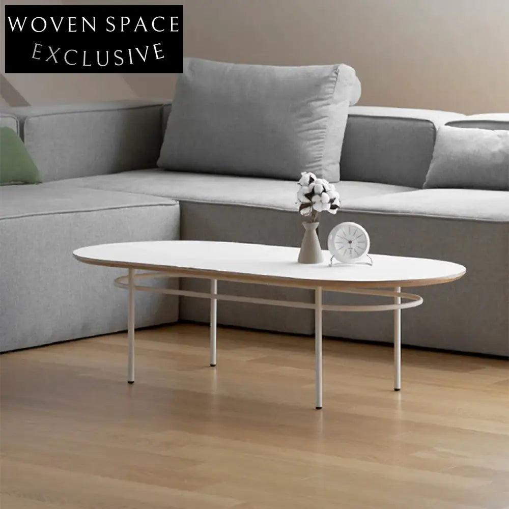 Modern Oval MDF Coffee Table with Wooden Top and Sturdy Metal Base