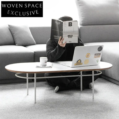 Modern Oval MDF Coffee Table with Wooden Top and Sturdy Metal Base