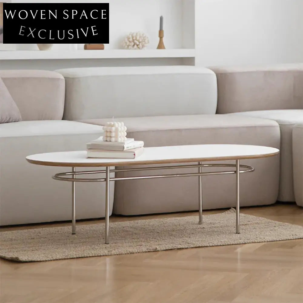 Modern Oval MDF Coffee Table with Wooden Top and Sturdy Metal Base
