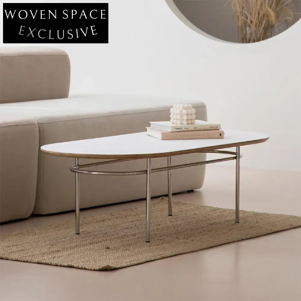 Modern Oval MDF Coffee Table with Wooden Top and Sturdy Metal Base