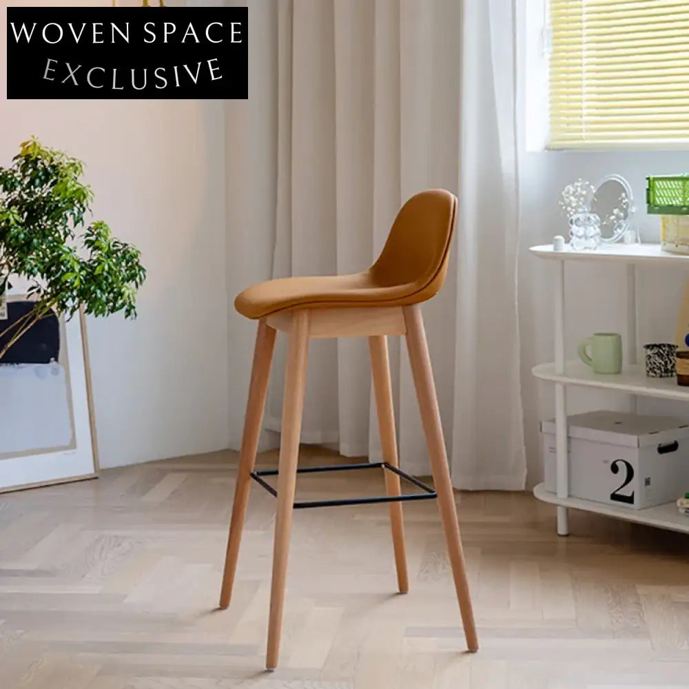 Modern PU Leather Wood Leg Bar Stool with Footrest