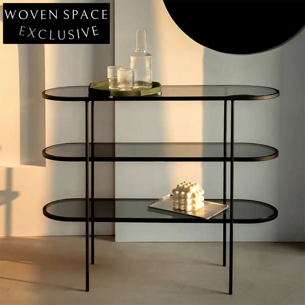 Modern Purple Glass 3-Tier Console Table - Elegant Metal Frame Display Shelf